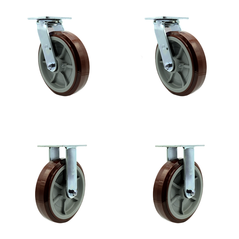 Stainless Steel Polyurethane Swivel Top Plate Casters Set of 4 Heavy Duty with 8 Inch Wheels - Includes 2 Swivel with Bolt on Swivel Locks and 2 Rigid - Service Caster Brand — photo 1