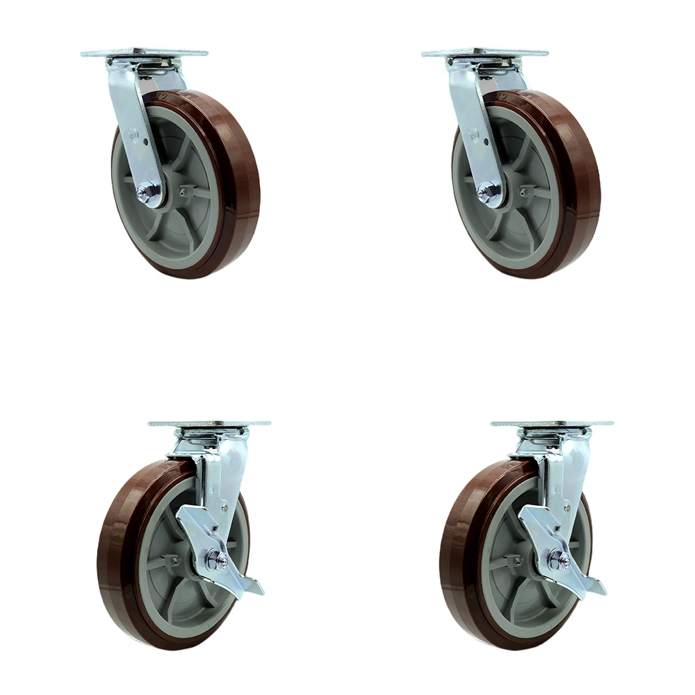 Stainless Steel Heavy Duty Swivel Caster Set with 8 Inch Polyurethane Wheels and Delrin Bearings - Includes 2 Swivel with Bolt on Swivel Locks and 2 Swivel with Brakes - Service Caster Brand — photo 1