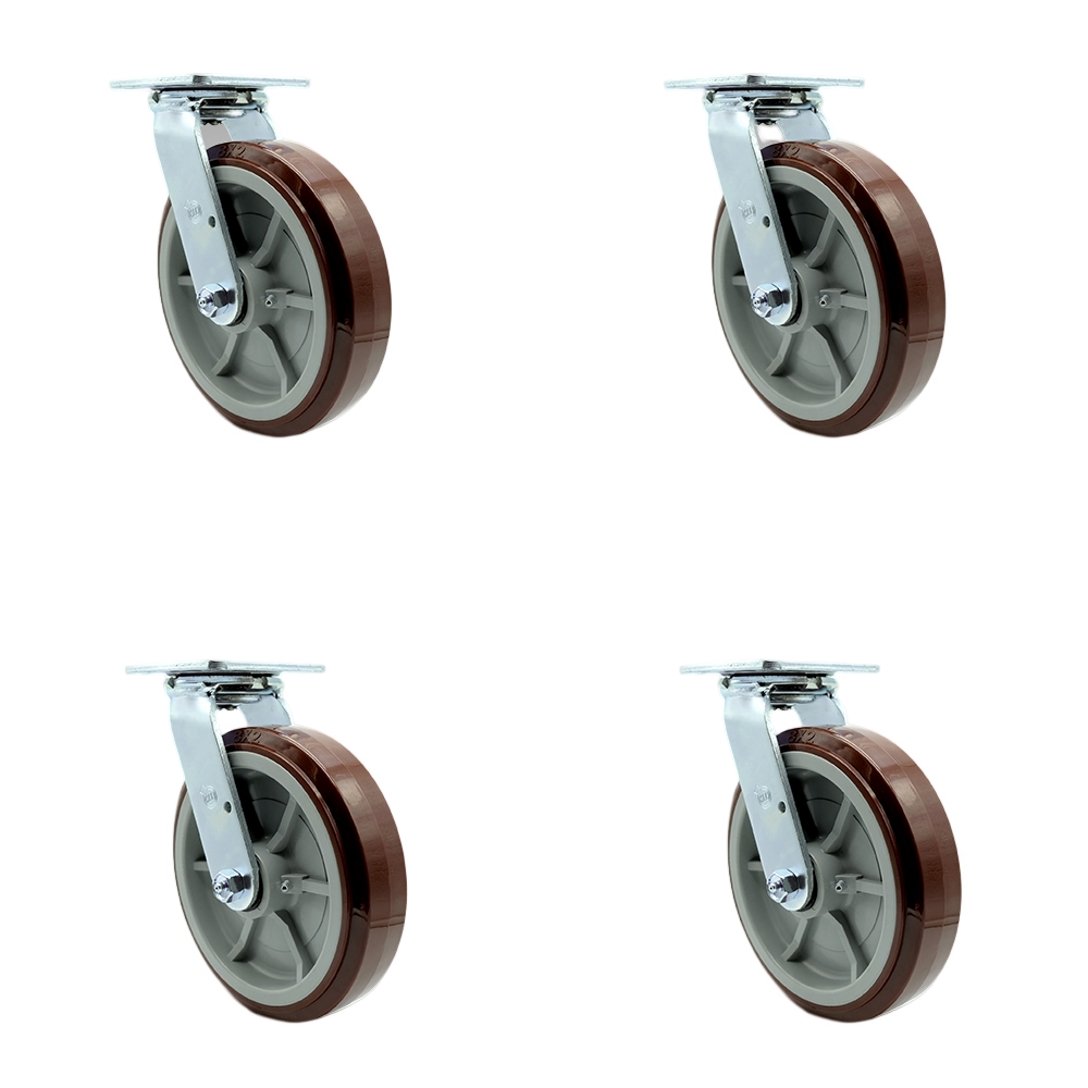 Stainless Steel Heavy Duty Swivel Caster Set of 4 with 8 Inch Polyurethane Wheels and Ball Bearings - Includes 4 Swivel with Bolt on Swivel Locks - 4,000 lbs. Total Capacity - Service Caster Brand — photo 1