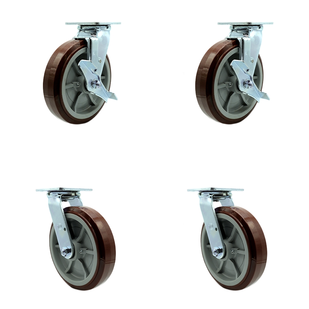 Stainless Heavy Duty Swivel Top Plate Casters with 8 Inch Polyurethane Wheels - Includes 2 Swivel with Brakes and Bolt on Swivel Locks and 2 Swivel with Bolt on Swivel Locks - Service Caster Brand — photo 1