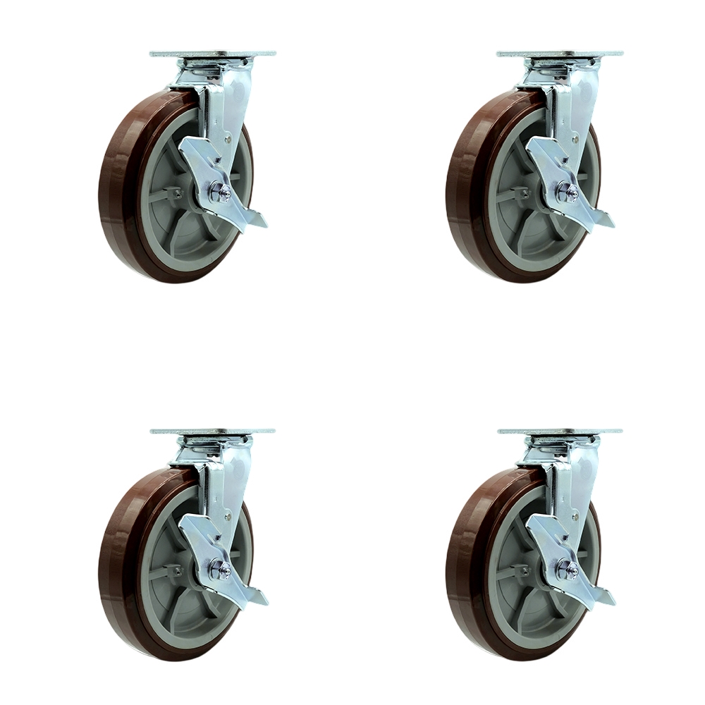 Stainless Steel Heavy Duty Swivel Caster Set with 8 Inch Polyurethane Wheels and Delrin Bearings - Includes 2 Swivel with Brakes and Bolt on Swivel Locks and 2 Swivel with Brakes- Service Caster Brand — photo 1