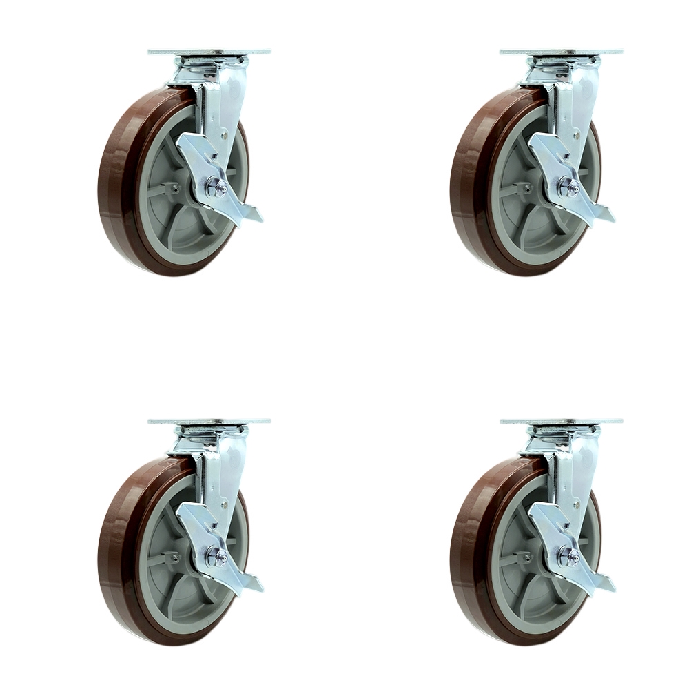 Stainless Steel Heavy Duty Swivel Caster Set of 4 with 8 Inch Polyurethane Wheels and Ball Bearings - Includes 4 Swivel with Top Lock Brakes and Bolt on Swivel Locks - Service Caster Brand — photo 1