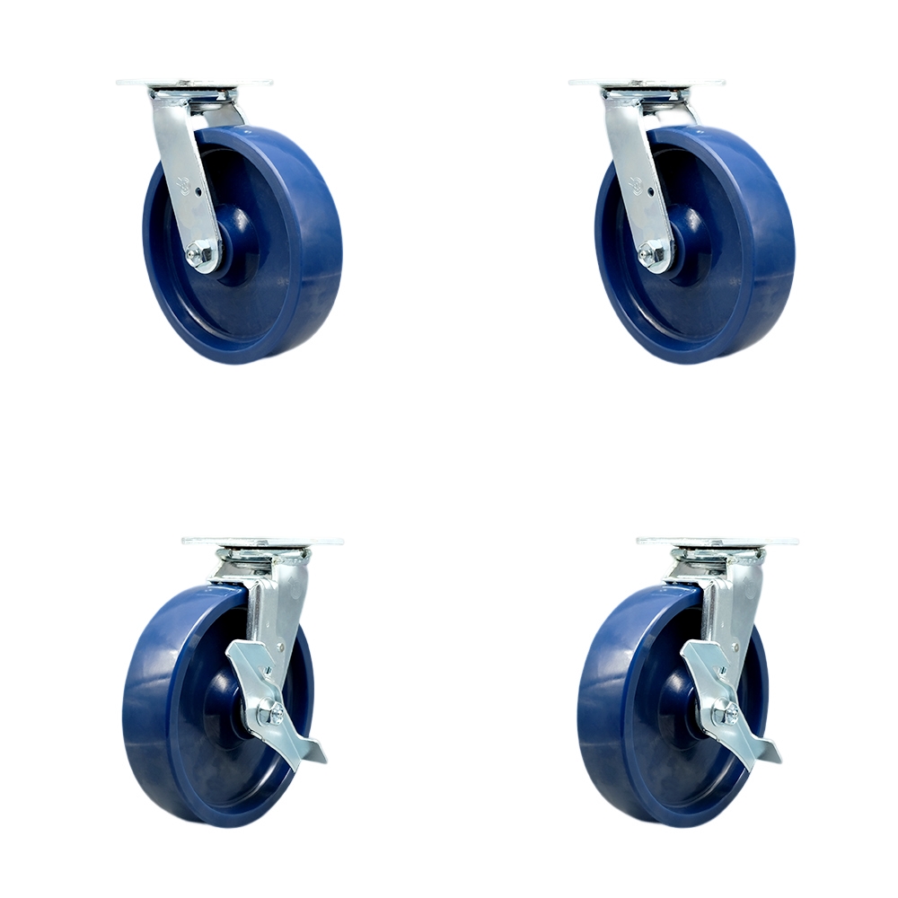 Stainless Steel Heavy Duty Swivel Caster Set with 8 Inch Solid Polyurethane Wheels and Delrin Bearings - Includes 2 Swivel with Bolt on Swivel Locks and 2 Swivel with Brakes - Service Caster Brand — photo 1