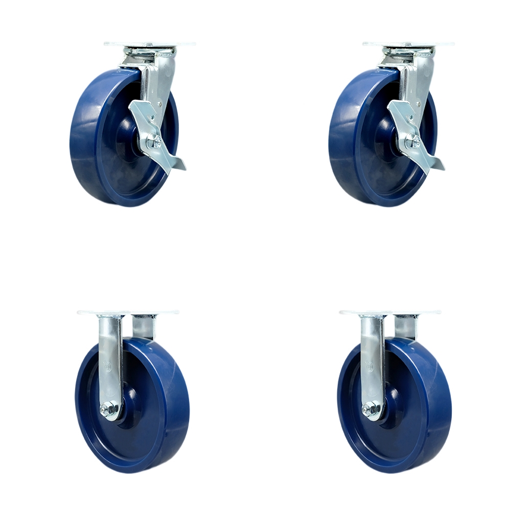 Stainless Steel Heavy Duty Swivel Caster Set with 8 Inch Solid Polyurethane Wheels and Delrin Bearings - Includes 2 Swivel with Brakes and Bolt on Swivel Locks and 2 Rigid - Service Caster Brand — photo 1