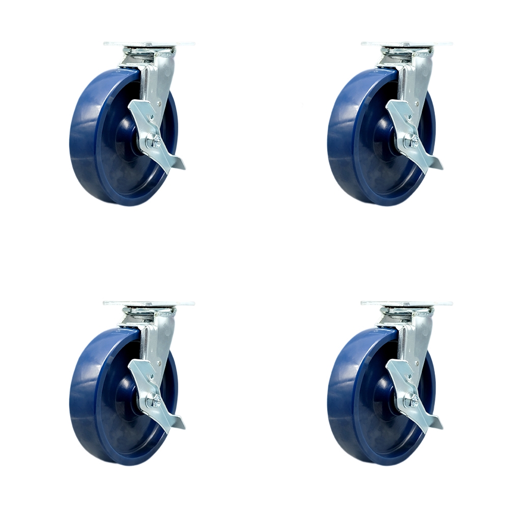 Stainless Steel Heavy Duty Swivel Caster Set with 8 Inch Solid Poly Wheels and Delrin Bearings - Includes 2 Swivel with Brakes and Bolt on Swivel Locks and 2 Swivel with Brakes - Service Caster Brand — photo 1
