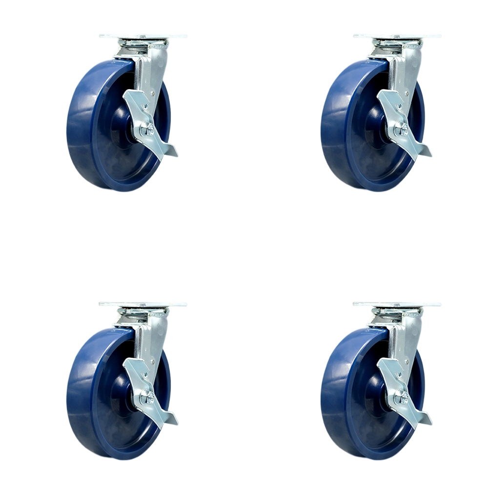 Stainless Steel Solid Polyurethane Swivel Top Plate Casters Set of 4 Heavy Duty with 8 Inch Wheels - Includes 4 Swivel with Top Lock Brakes and Bolt on Swivel Locks - Service Caster Brand — photo 1