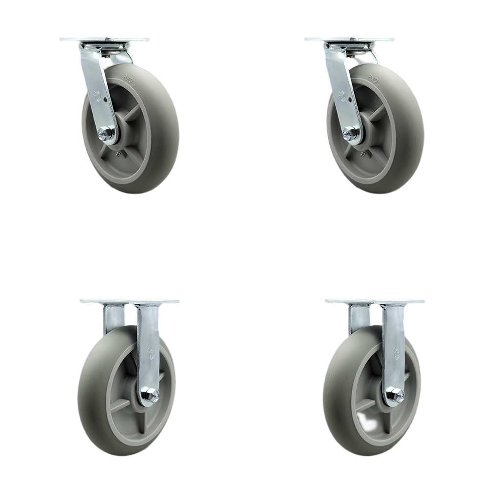 Stainless Steel Thermoplastic Rubber Donut Tread Swivel Top Plate Casters Set of 4 Heavy Duty with 8 Inch Wheels - Includes 2 Swivel and 2 Rigid – 2,400 lbs. Total Capacity - Service Caster Brand — photo 1