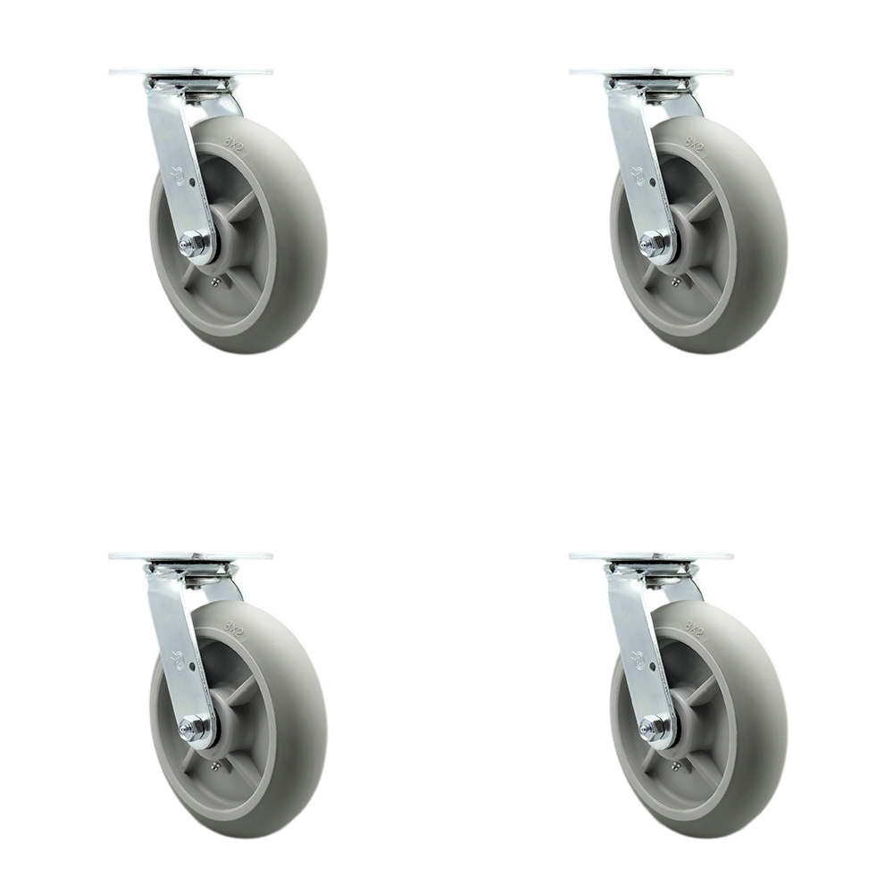 Stainless Steel Thermoplastic Rubber Donut Tread Swivel Top Plate Casters Set of 4 Heavy Duty with 8 Inch Wheels - Includes 4 Swivel – 2,400 lbs. Total Capacity - Service Caster Brand — photo 1