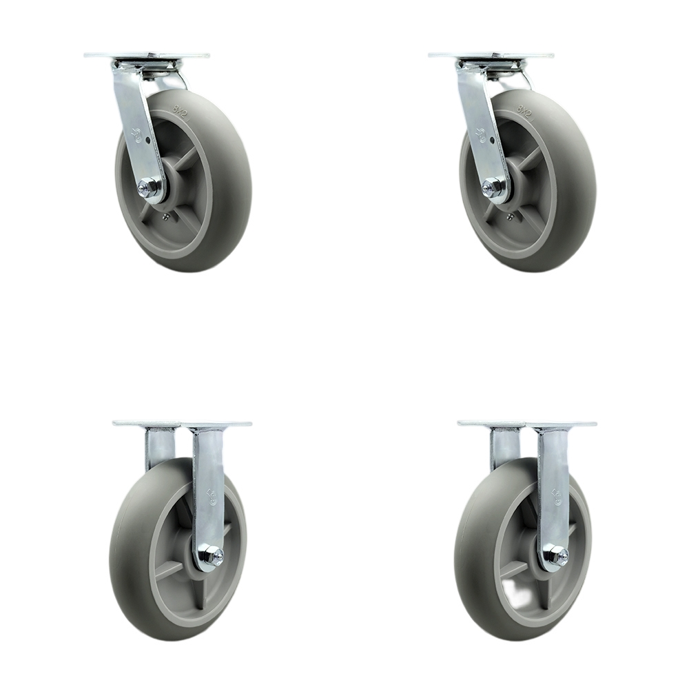 Stainless Steel Heavy Duty Swivel Caster Set of 4 with 8 Inch Thermoplastic Rubber Donut Tread Wheels and Delrin Bearings-Includes 2 Swivel with Bolt on Swivel Locks and 2 Rigid - Service Caster Brand — photo 1