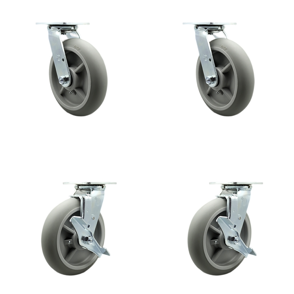 Stainless Heavy Duty Swivel Caster Set with 8 Inch Thermoplastic Rubber Donut Tread Wheels and Delrin Bearings-Includes 2 Swivel with Bolt on Swivel Locks and 2 Swivel with Brakes-Service Caster Brand — photo 1
