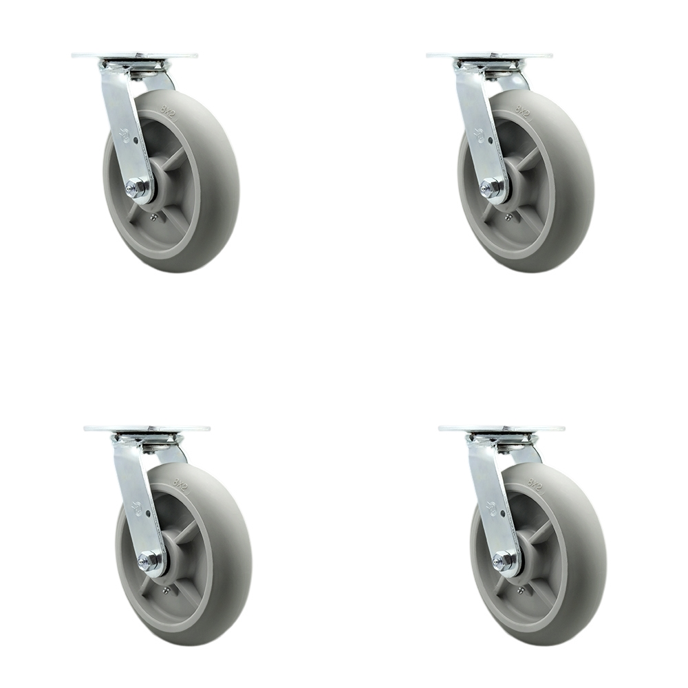 Stainless Steel Thermoplastic Rubber Donut Tread Swivel Top Plate Casters Set of 4 Heavy Duty with 8 Inch Wheels - Includes 4 Swivel with Bolt on Swivel Locks - Service Caster Brand — photo 1