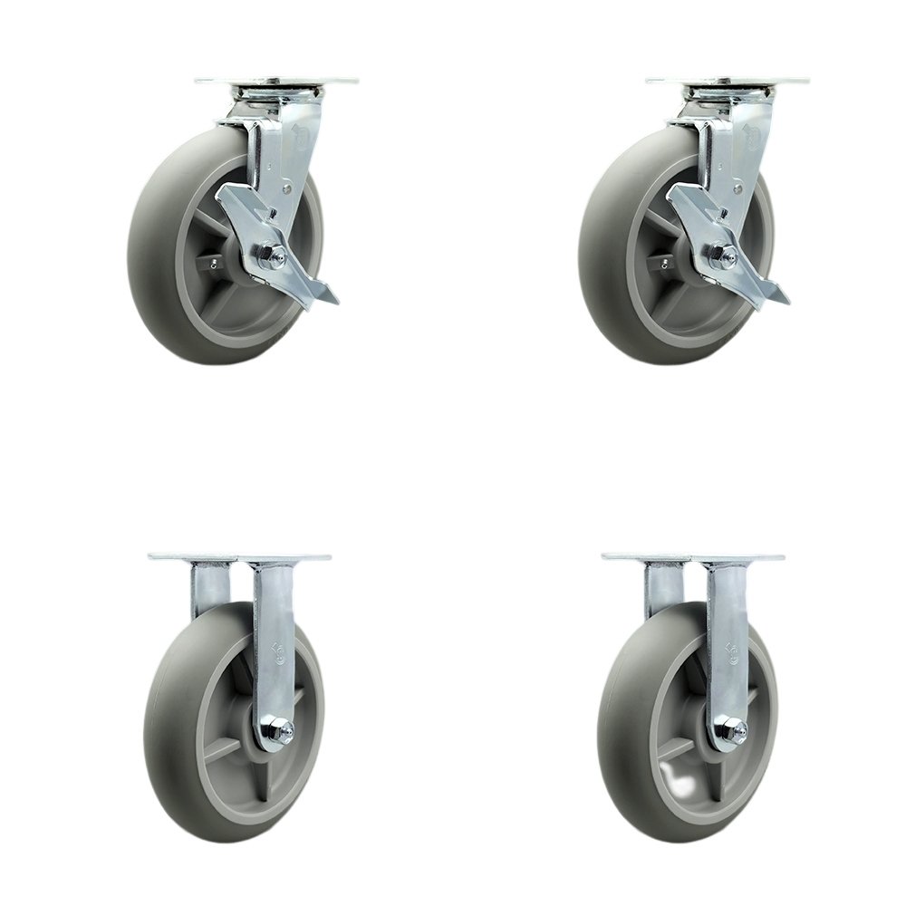 Stainless Steel Thermoplastic Rubber Donut Tread Swivel Top Plate Casters Set of 4 Heavy Duty with 8 Inch Wheels-Includes 2 Swivel with Brakes and 2 Rigid–2,400lbs. Total Capacity-Service Caster Brand — photo 1
