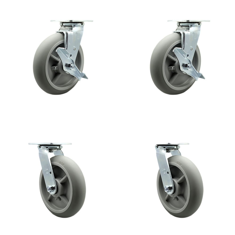 Stainless Heavy Duty Swivel Caster Set with 8 Inch Thermoplastic Rubber Donut Tread Wheel & Delrin Bearings - Include 2 Swivel w/Brake &Swivel Lock and 2 Swivel with Swivel Lock - Service Caster Brand — photo 1