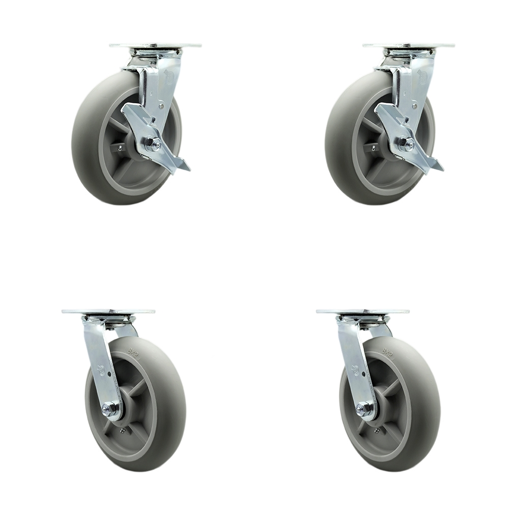 Stainless Steel Heavy Duty Swivel Caster Set 4 with 8 Inch Poly Wheel and Ball Bearing-Includes 2 Swivel with Brake and Bolt on Swivel Lock and 2 Swivel with Bolt on Swivel Lock - Service Caster Brand — photo 1