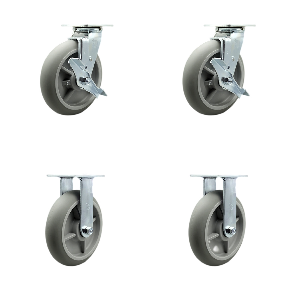 Stainless Heavy Duty Swivel Caster Set with 8 Inch Thermoplastic Rubber Donut Tread Wheels and Delrin Bearings-Includes 2 Swivel with Brakes and Bolt on Swivel Locks and 2 Rigid - Service Caster Brand — photo 1