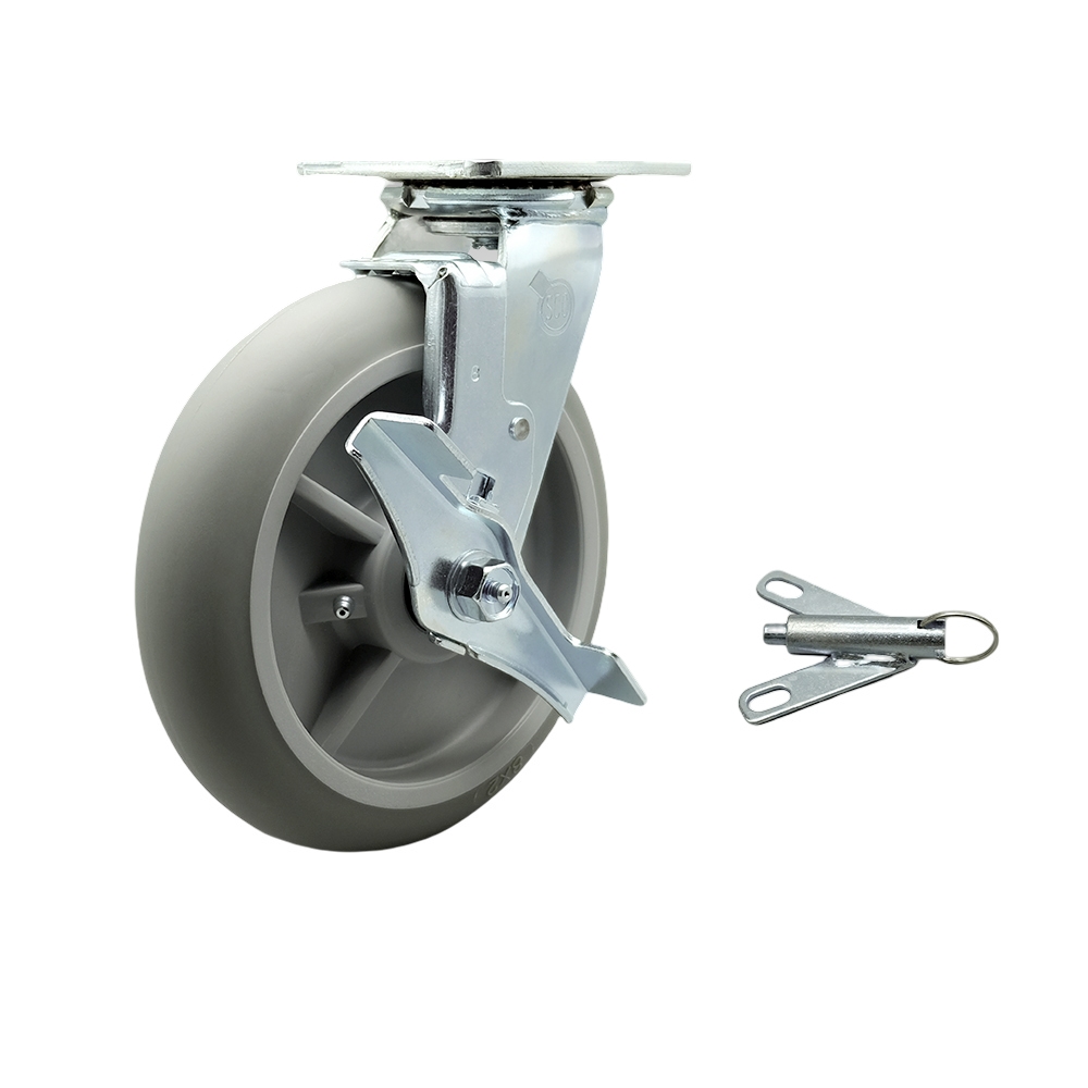 Stainless Steel Heavy Duty Swivel Top Plate Caster with Top Lock Brake and Bolt on Swivel Lock and 8 Inch Thermoplastic Rubber Donut Tread Wheel with Delrin Bearings - Service Caster Brand — photo 1