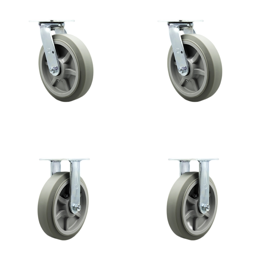 Stainless Steel Thermoplastic Rubber Flat Tread Swivel Top Plate Casters Set of 4 Heavy Duty with 8 Inch Wheels - Includes 2 Swivel and 2 Rigid – 2,400 lbs. Total Capacity - Service Caster Brand — photo 1