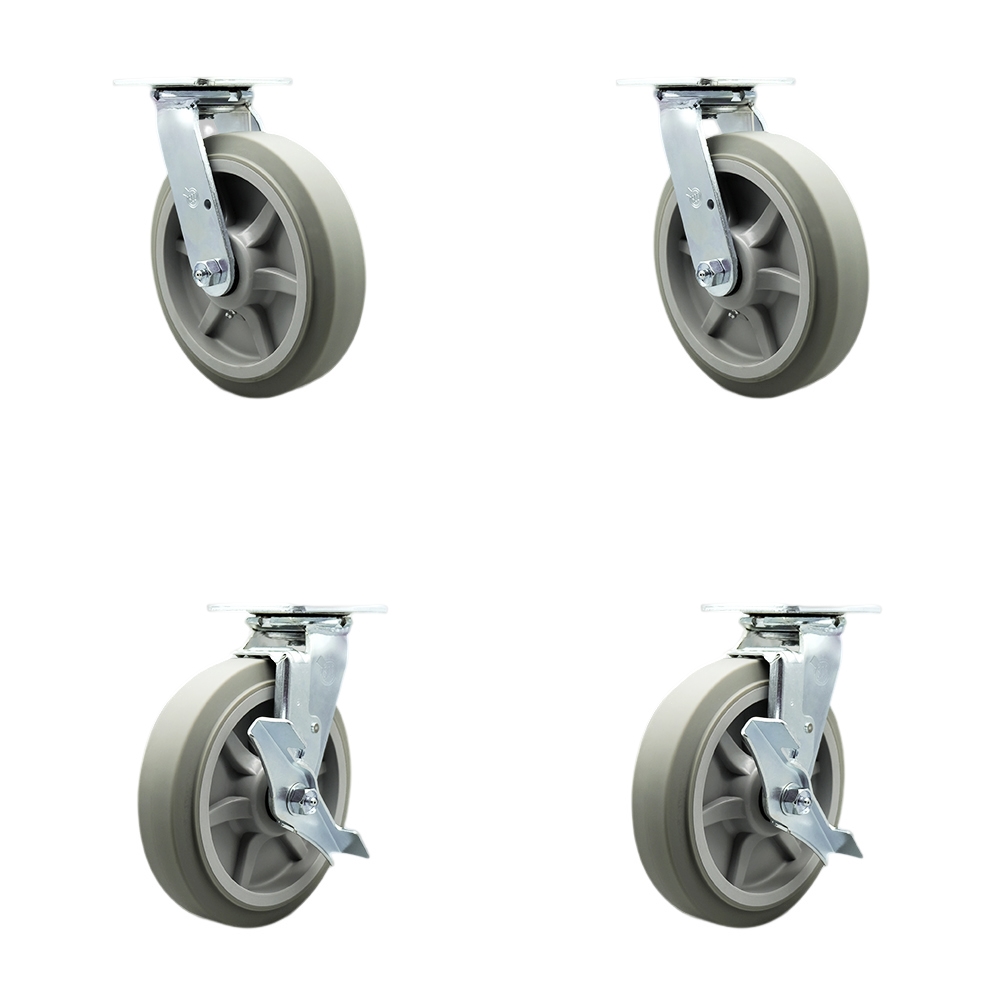 Stainless Steel Thermoplastic Rubber Flat Tread Swivel Top Plate Casters Set of 4 Heavy Duty with 8 Inch Wheels-Includes 2 Swivel with Brake and 2 Swivel–2,400lbs. Total Capacity- Service Caster Brand — photo 1
