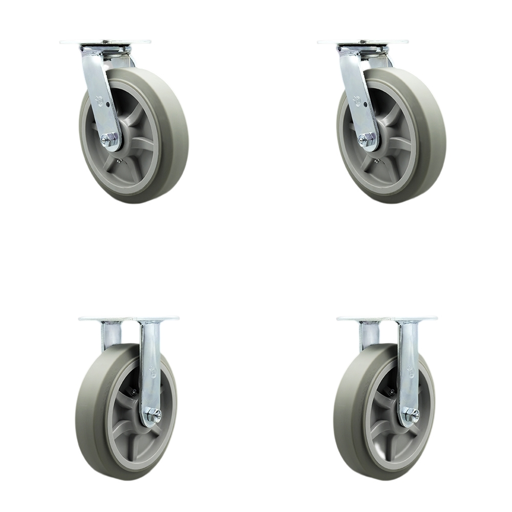 Stainless Steel Thermoplastic Rubber Flat Tread Swivel Top Plate Casters Set of 4 Heavy Duty with 8 Inch Wheels - Includes 2 Swivel with Bolt on Swivel Locks and 2 Rigid - Service Caster Brand — photo 1
