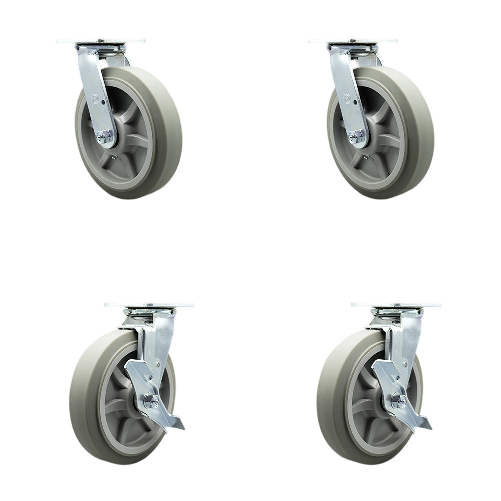 Stainless Heavy Duty Swivel Caster Set with 8 Inch Thermoplastic Rubber Flat Tread Wheels and Delrin Bearings-Includes 2 Swivel with Bolt on Swivel Locks and 2 Swivel with Brakes- Service Caster Brand — photo 1
