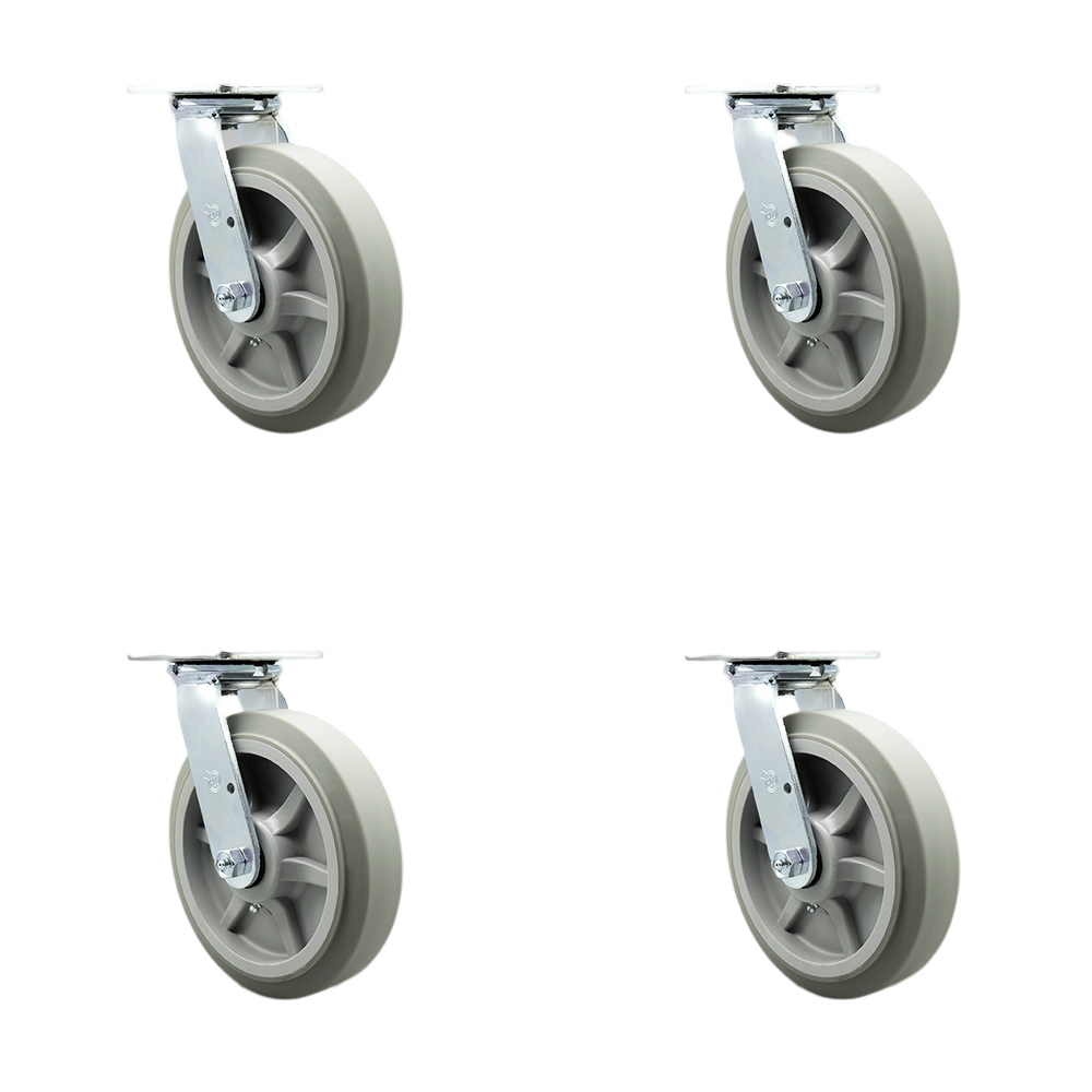 Stainless Steel Thermoplastic Rubber Flat Tread Swivel Top Plate Casters Set of 4 Heavy Duty with 8 Inch Wheels - Includes 4 Swivel with Bolt on Swivel Locks - Service Caster Brand — photo 1