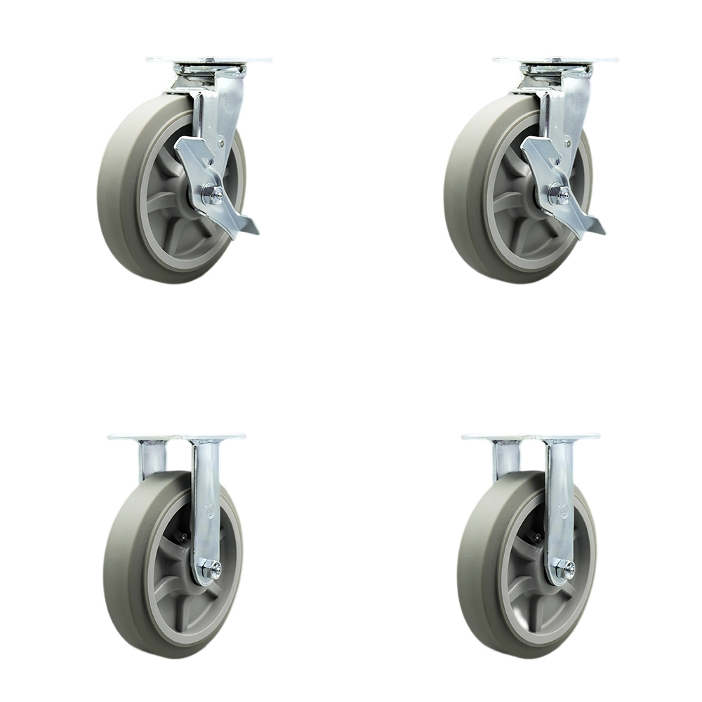 Stainless Steel Thermoplastic Rubber Flat Tread Swivel Top Plate Casters Set of 4 Heavy Duty with 8 Inch Wheels-Includes 2 Swivel with Brakes and 2 Rigid–2,400lbs. Total Capacity- Service Caster Brand — photo 1