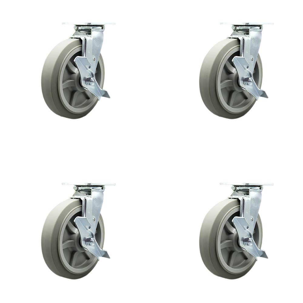 Stainless Steel Thermoplastic Rubber Flat Tread Swivel Top Plate Casters Set of 4 Heavy Duty with 8 Inch Wheels-Includes 4 Swivel with Top Lock Brakes– 2,400 lbs. Total Capacity - Service Caster Brand — photo 1