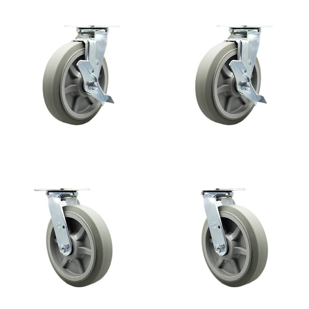 Stainless Heavy Duty Swivel Caster Set with 8 Inch Thermoplastic Rubber Flat Tread Wheel & Delrin Bearings - Include 2 Swivel w/Brake &Swivel Lock and 2 Swivel with Swivel Locks - Service Caster Brand — photo 1