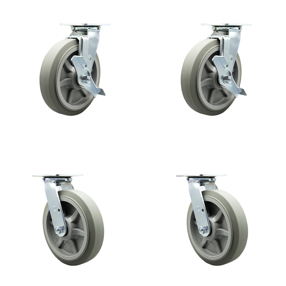 Stainless Steel Heavy Duty Swivel Caster Set 4 with 8 Inch Poly Wheel and Ball Bearing-Includes 2 Swivel with Brake and Bolt on Swivel Lock and 2 Swivel with Bolt on Swivel Lock - Service Caster Brand — photo 1