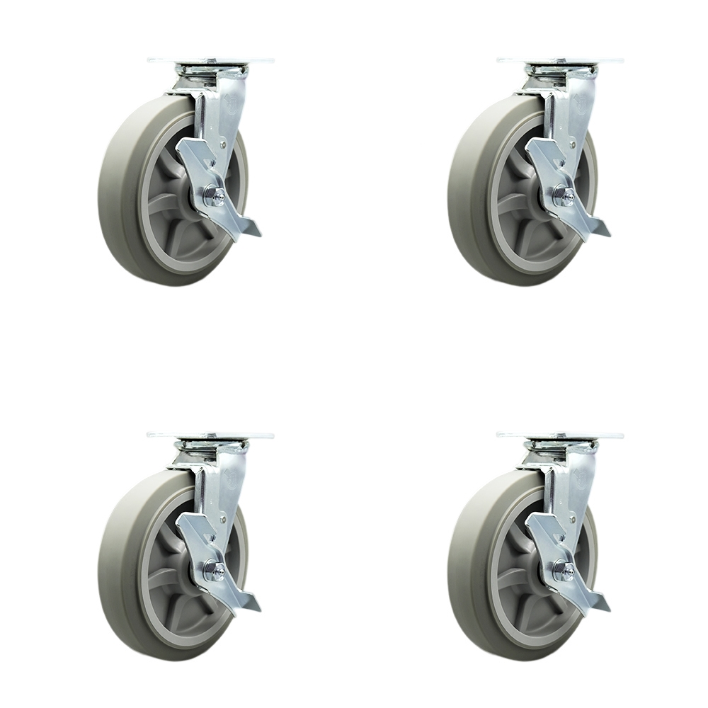 Stainless Heavy Duty Swivel Caster Set with 8 Inch Thermoplastic Rubber Flat Tread Wheels and Delrin Bearings-Includes 2 Swivel with Brakes& Swivel Locks and 2 Swivel with Brakes- Service Caster Brand — photo 1