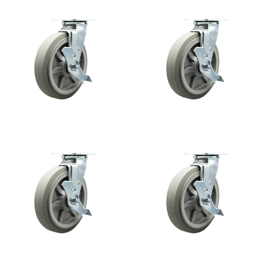 Stainless Heavy Duty Swivel Caster Set of 4 with 8 Inch Thermoplastic Rubber Flat Tread Wheels and Delrin Bearings-Includes 4 Swivel with Top Lock Brakes and Bolt on Swivel Locks- Service Caster Brand — photo 1