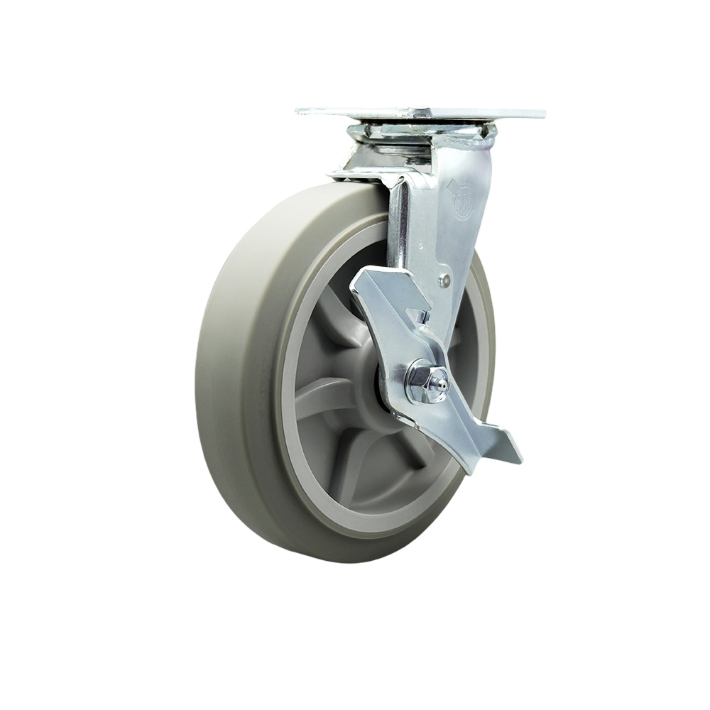 Stainless Steel Thermoplastic Rubber Flat Tread Swivel Top Plate Heavy Duty Caster with 8 Inch Wheel and Top Lock Brake – 600 lbs. Capacity/Caster - Service Caster Brand — photo 1