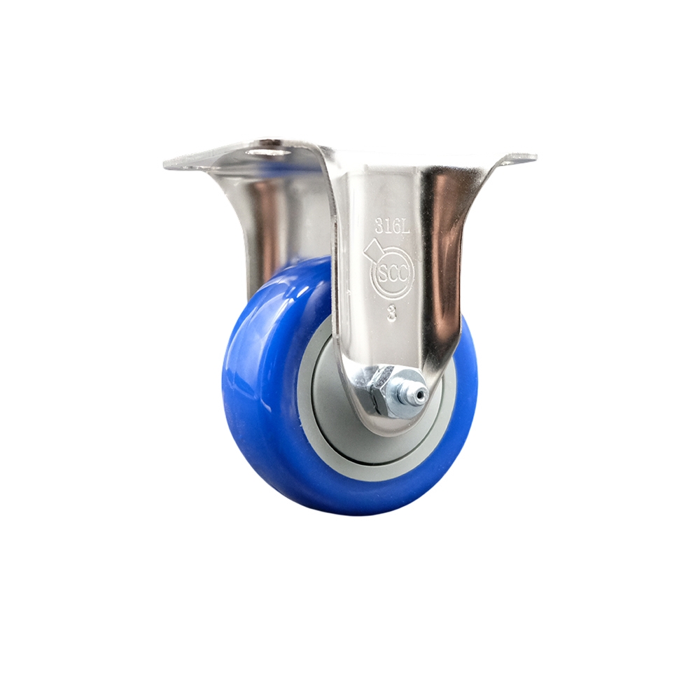Polyurethane Rigid Top Plate Caster with 3.5 Inch Blue Caster Wheel - 316 Stainless Steel Caster - 300 lbs. Capacity Per Caster - Service Caster Brand — photo 1
