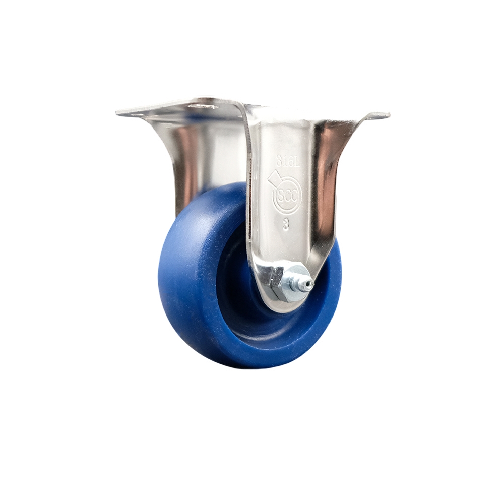 Solid Polyurethane Rigid Top Plate Caster with 3 Inch Blue Caster Wheel - 316 Stainless Steel Caster - 300 lbs. Capacity Per Caster - Service Caster Brand — photo 1