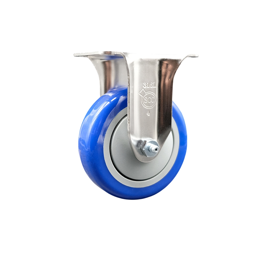 Polyurethane Rigid Top Plate Caster with 4 Inch Blue Caster Wheel - 316 Stainless Steel Caster - 350 lbs. Capacity Per Caster - Service Caster Brand — photo 1