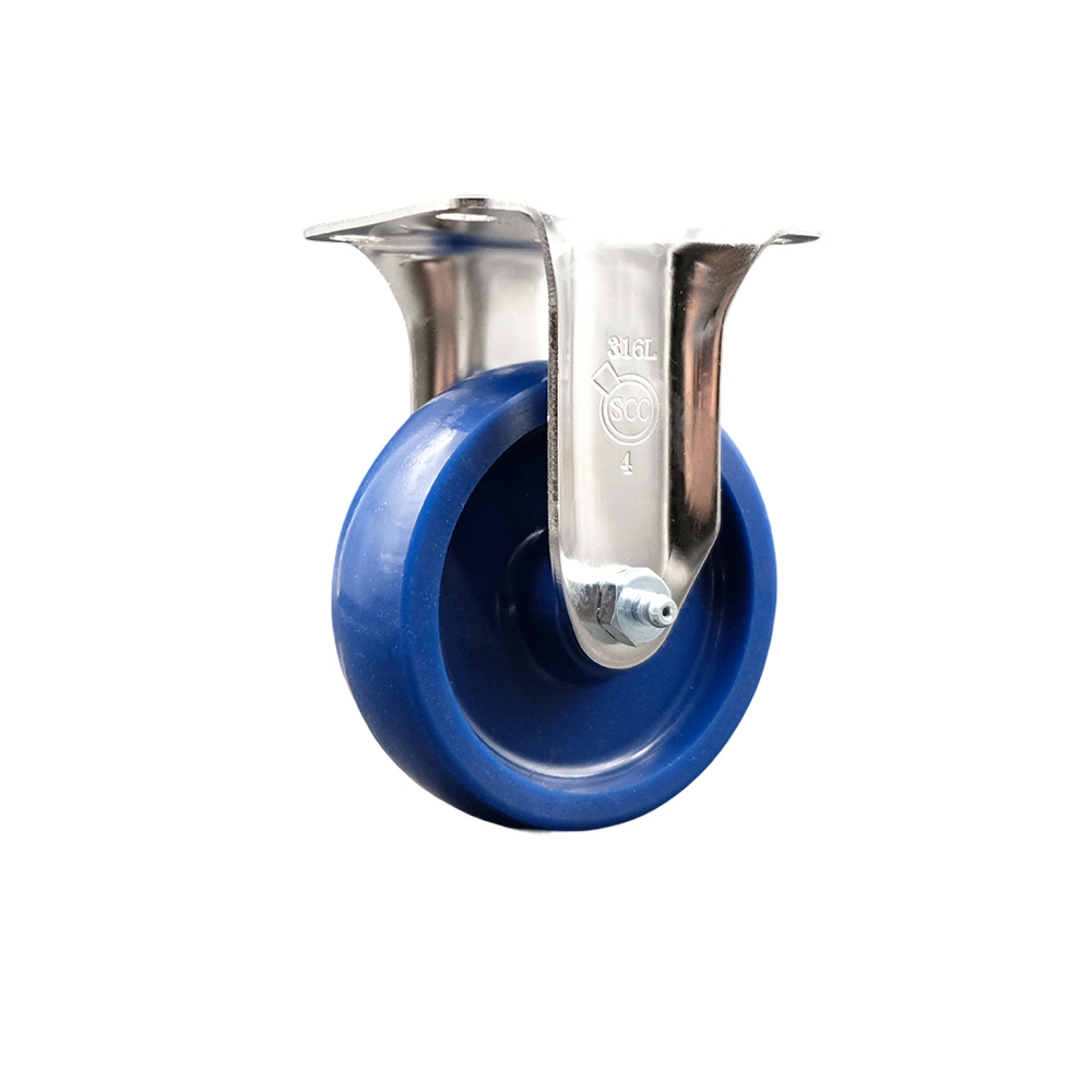Solid Polyurethane Rigid Top Plate Caster with 4 Inch Blue Caster Wheel - 316 Stainless Steel Caster - 300 lbs. Capacity Per Caster - Service Caster Brand — photo 1