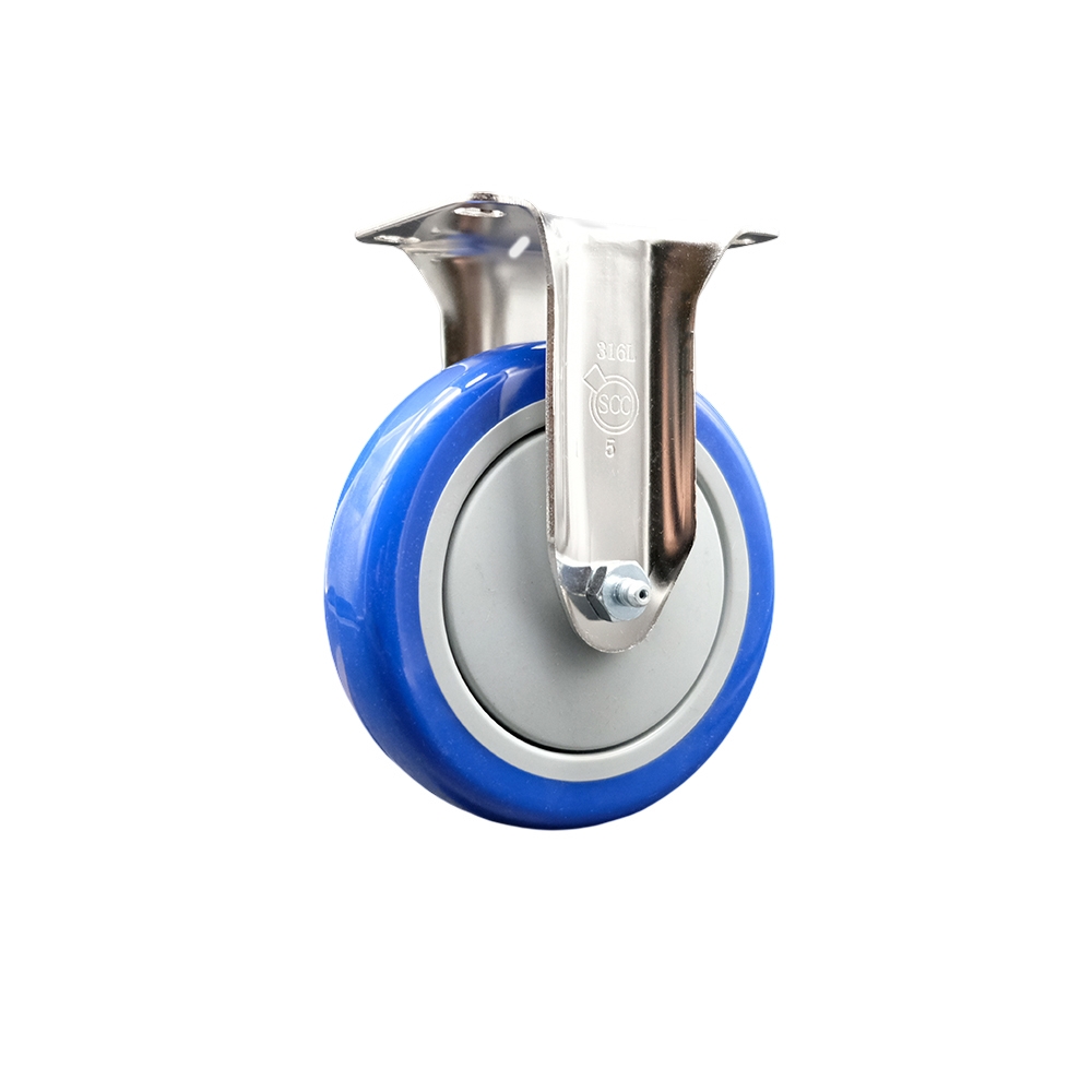 Polyurethane Rigid Top Plate Caster with 5 Inch Blue Caster Wheel - 316 Stainless Steel Caster - 350 lbs. Capacity Per Caster - Service Caster Brand — photo 1
