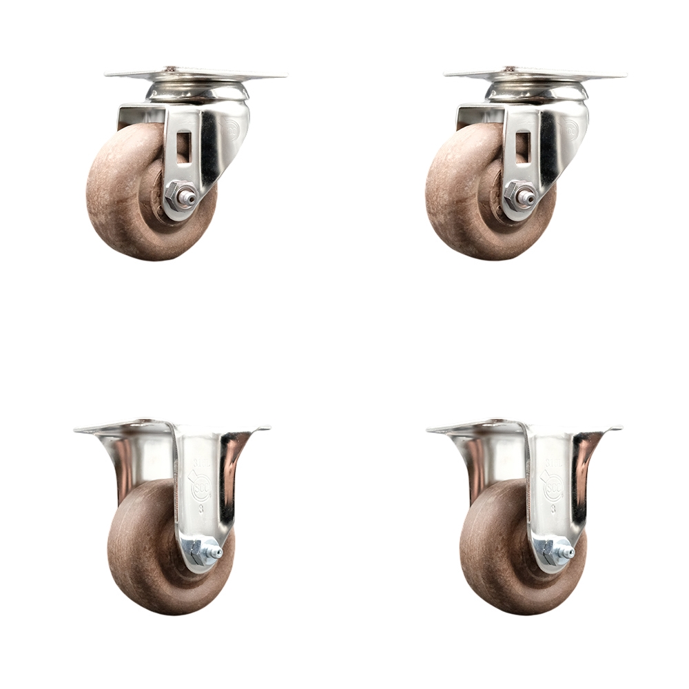 High Temp Glass Filled Nylon Swivel Top Plate Caster Set of 4 with 3.5 Inch Brown Caster Wheels - 316 Stainless Steel Casters - Includes 2 Swivel Casters and 2 Rigid Casters - Service Caster Brand — photo 1