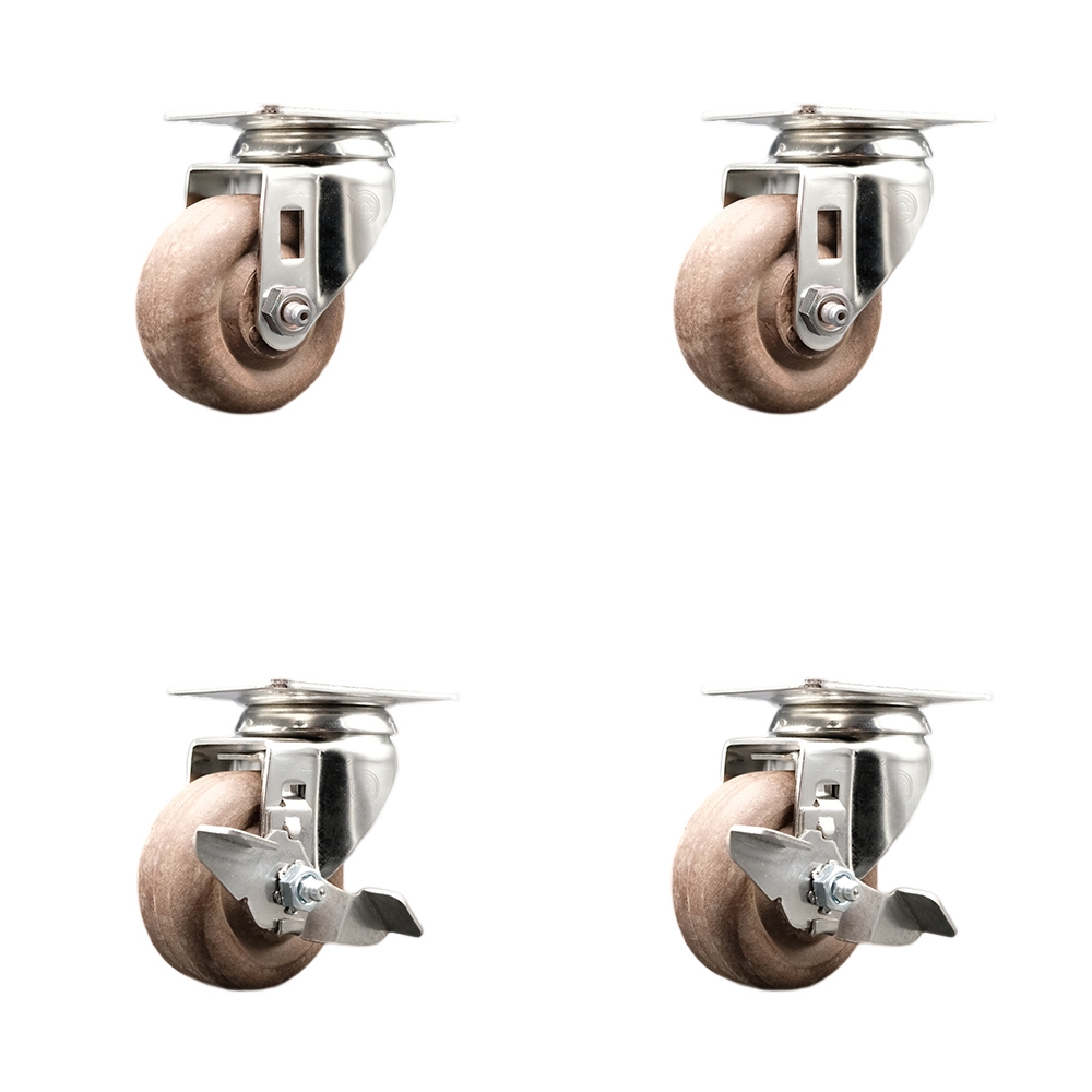 High Temp Glass Filled Nylon Swivel Top Plate Caster Set of 4 with 3.5 Inch Brown Caster Wheels - 316 Stainless Steel Casters - Includes 2 Swivel with Top Lock Brakes and 2 Swivel-Service Caster Brand — photo 1