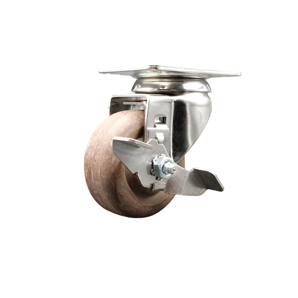 High Temperature Glass Filled Nylon Swivel Top Plate Caster with 3.5 Inch Brown Caster Wheel and Top Lock Brake - 316 Stainless Steel Caster - 350 lbs. Capacity Per Caster - Service Caster Brand — photo 1