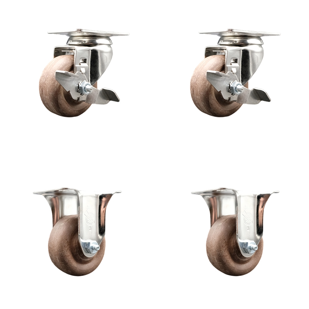 High Temp Glass Filled Nylon Swivel Top Plate Caster Set of 4 with 3.5 Inch Brown Caster Wheels - 316 Stainless Steel Casters - Includes 2 Swivel with Top Lock Brakes and 2 Rigid -Service Caster Brand — photo 1