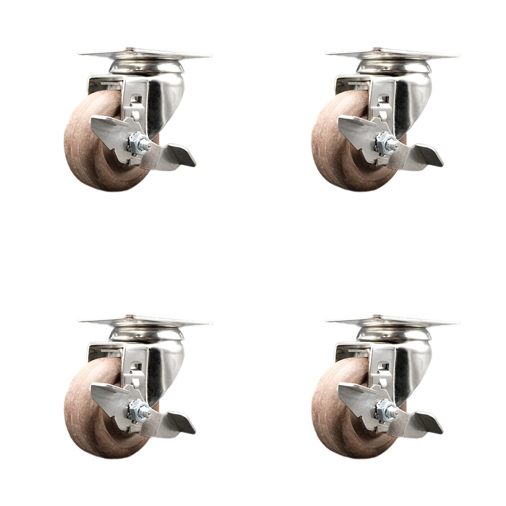 High Temp Glass Filled Nylon Swivel Top Plate Caster Set of 4 with 3.5 Inch Brown Caster Wheels - 316 Stainless Steel Casters - Includes 4 Swivel Casters with Top Lock Brakes - Service Caster Brand — photo 1
