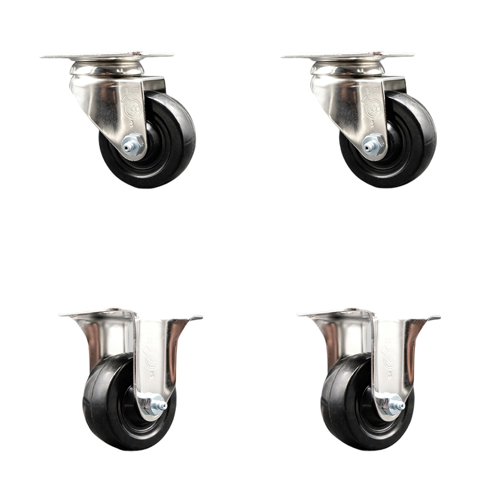 Hard Rubber Swivel Top Plate Caster Set of 4 with 3 Inch Black Caster Wheels - 316 Stainless Steel Casters - Includes 2 Swivel Casters and 2 Rigid Casters - Service Caster Brand — photo 1