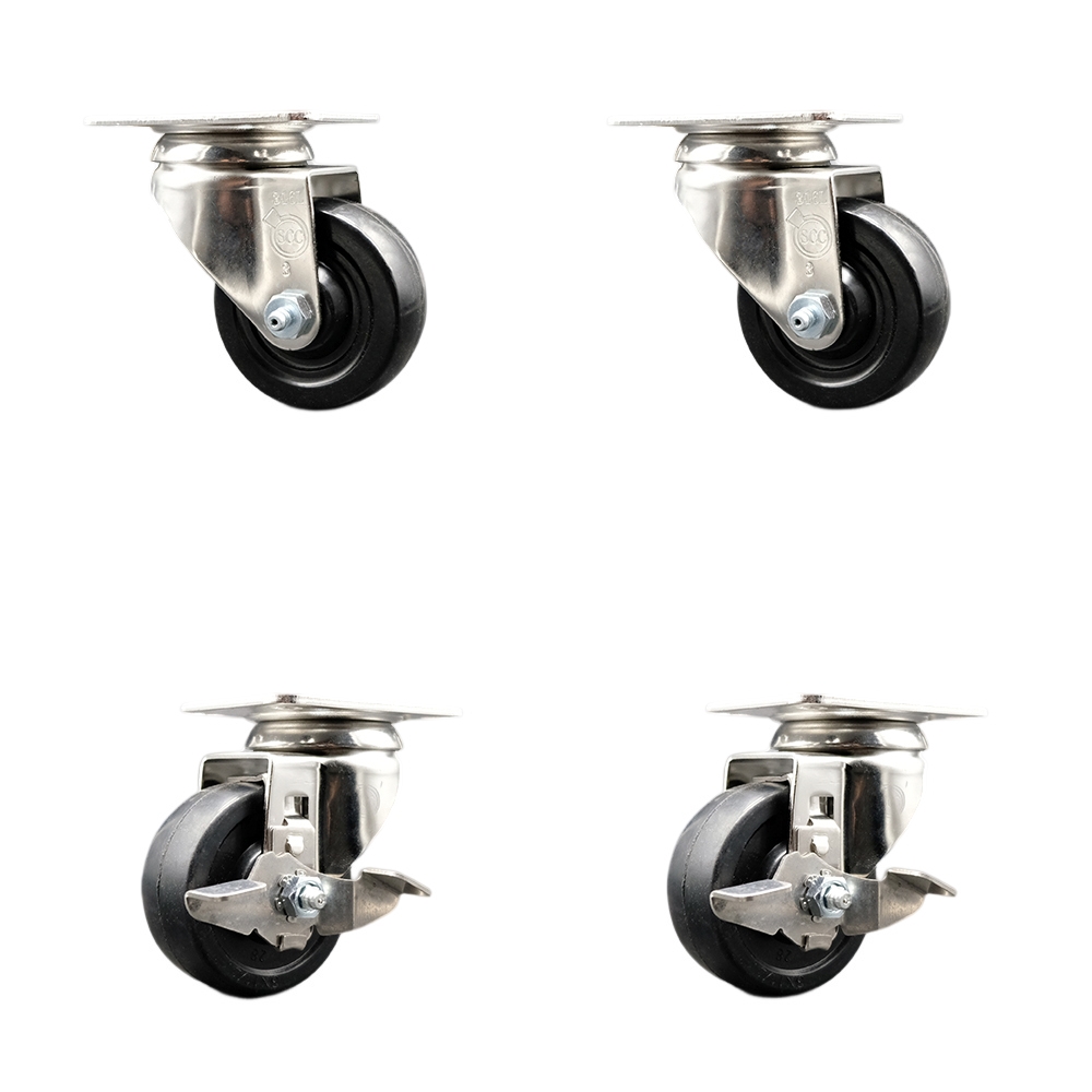 Hard Rubber Swivel Top Plate Caster Set of 4 with 3 Inch Black Caster Wheels - 316 Stainless Steel Casters - Includes 2 Swivel with Top Lock Brakes and 2 Swivel - Service Caster Brand — photo 1