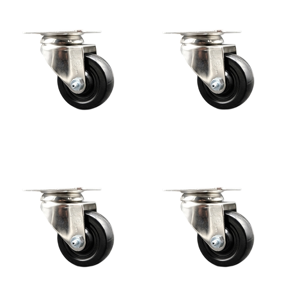 Hard Rubber Swivel Top Plate Caster Set of 4 with 3 Inch Black Caster Wheels - 316 Stainless Steel Casters - Includes 4 Swivel Casters - 1,100 lbs. Total Capacity - Service Caster Brand — photo 1