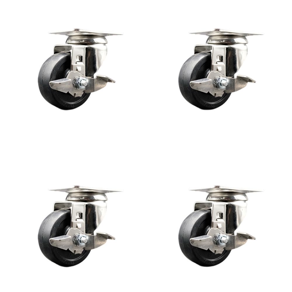 Hard Rubber Swivel Top Plate Caster Set of 4 with 3 Inch Black Caster Wheels - 316 Stainless Steel Casters-Includes 4 Swivel Casters with Top Lock Brakes-1,100 lbs. Total Capacity-Service Caster Brand — photo 1