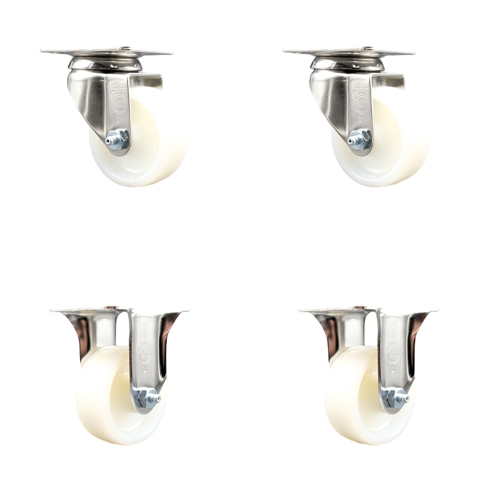 Nylon Swivel Top Plate Caster Set of 4 with 3 Inch White Caster Wheels - 316 Stainless Steel Casters - Includes 2 Swivel Casters and 2 Rigid Casters - Service Caster Brand — photo 1