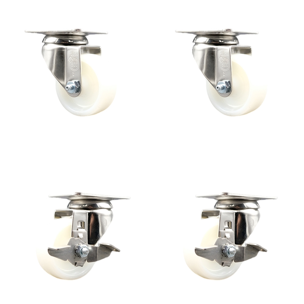 Nylon Swivel Top Plate Caster Set of 4 with 3 Inch White Caster Wheels - 316 Stainless Steel Casters - Includes 2 Swivel with Top Lock Brakes and 2 Swivel - Service Caster Brand — photo 1