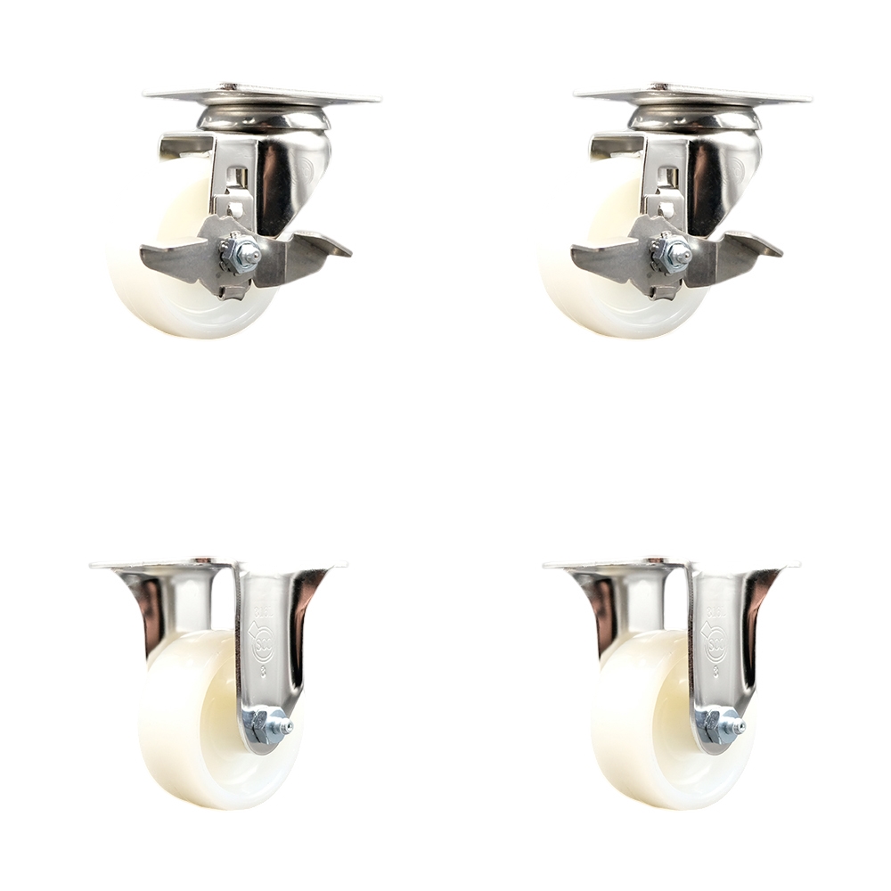 Nylon Swivel Top Plate Caster Set of 4 with 3 Inch White Caster Wheels - 316 Stainless Steel Casters - Includes 2 Swivel with Top Lock Brakes and 2 Rigid - Service Caster Brand — photo 1