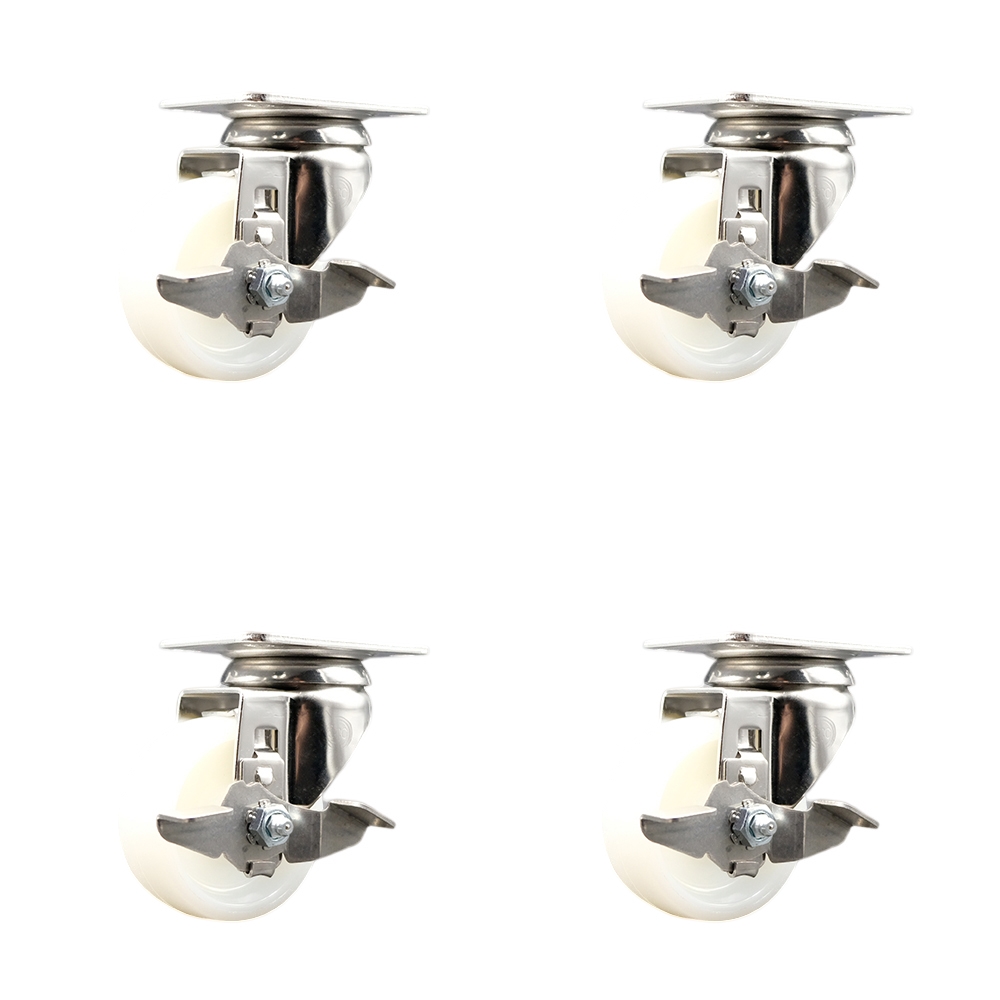 Nylon Swivel Top Plate Caster Set of 4 with 3 Inch White Caster Wheels - 316 Stainless Steel Casters - Includes 4 Swivel Casters with Top Lock Brakes - 1,200 lbs. Total Capacity - Service Caster Brand — photo 1